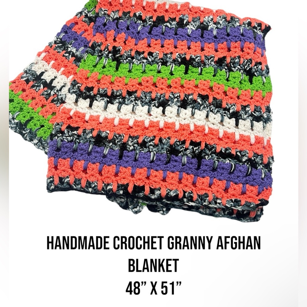 Handmade Crochet Granny Afghan throw Blanket Vibrant black‎ purple green orange
